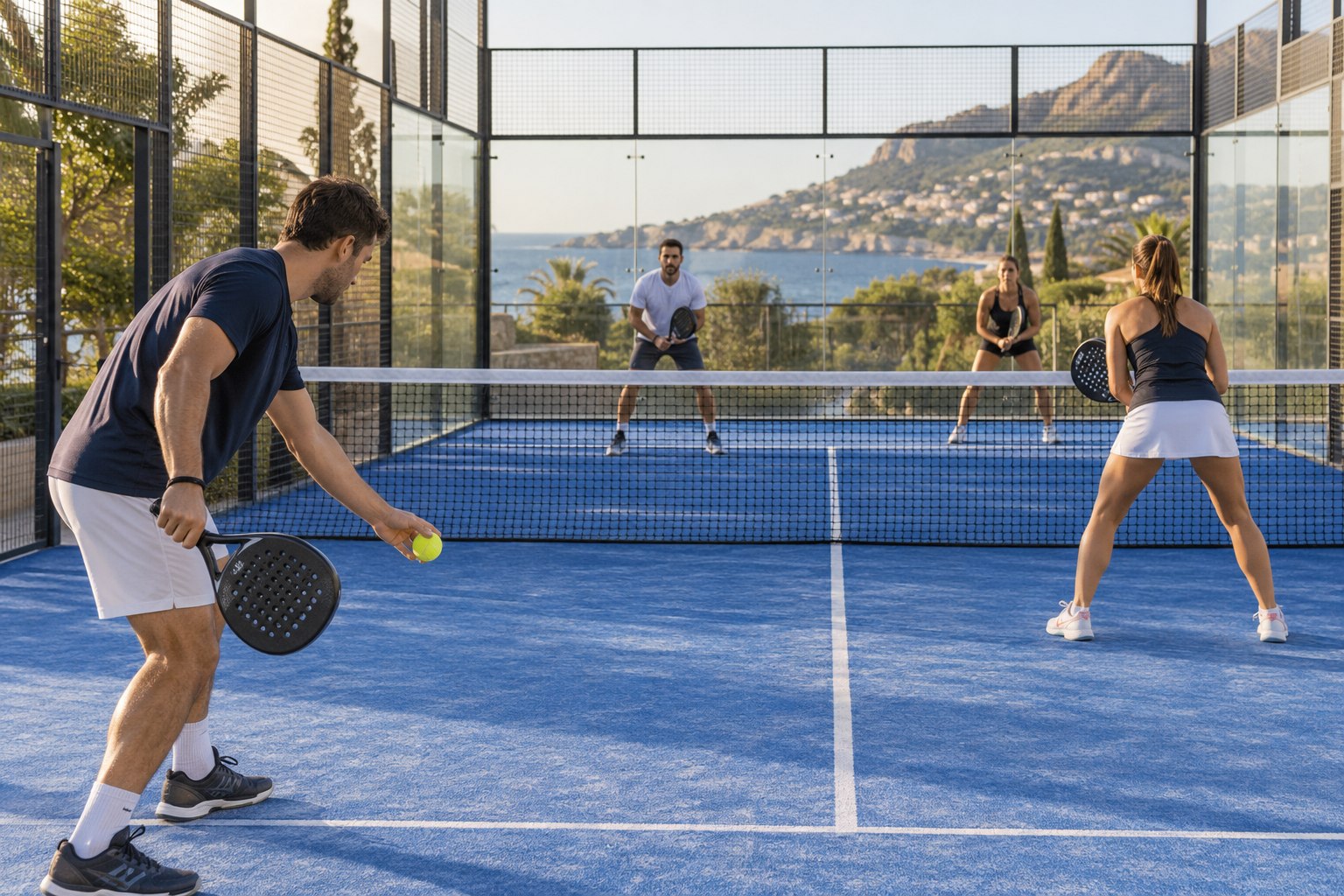 Quatre joueurs disputent un match de padel sur un terrain vitré